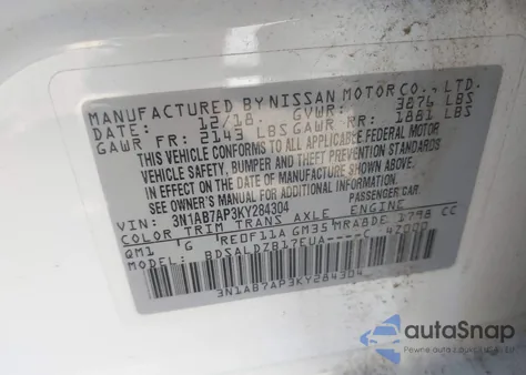 2019 Nissan Sentra Sv z USA, uszkodzony, nr VIN 3N1AB7AP3KY284304